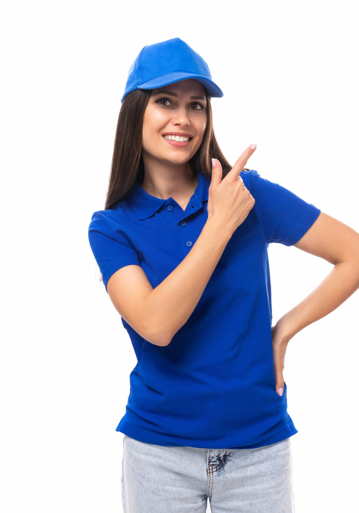 young woman promoter in blue t-shirt and cap with print space.